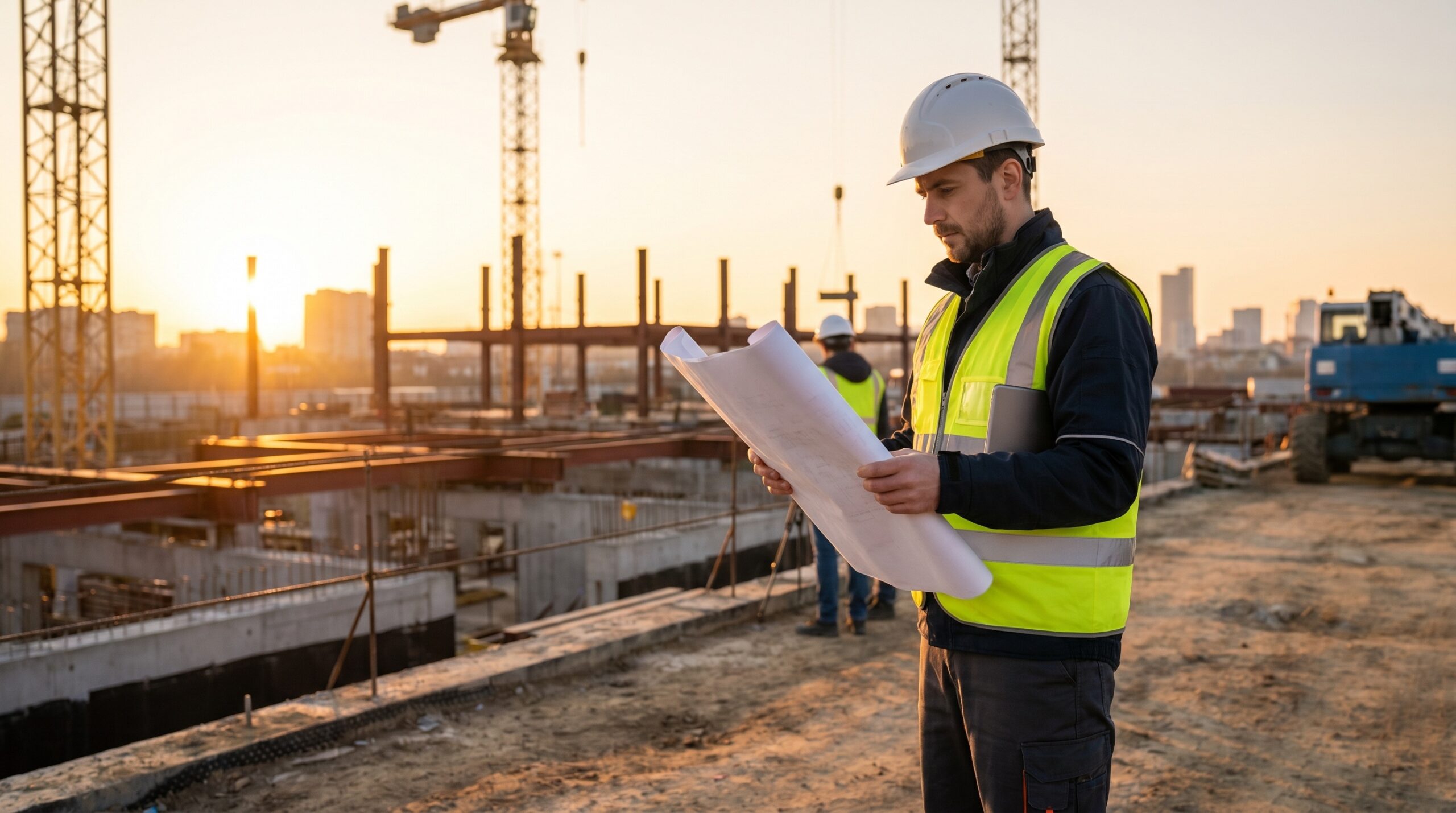 Developer standing on-site at a modern commercial facility