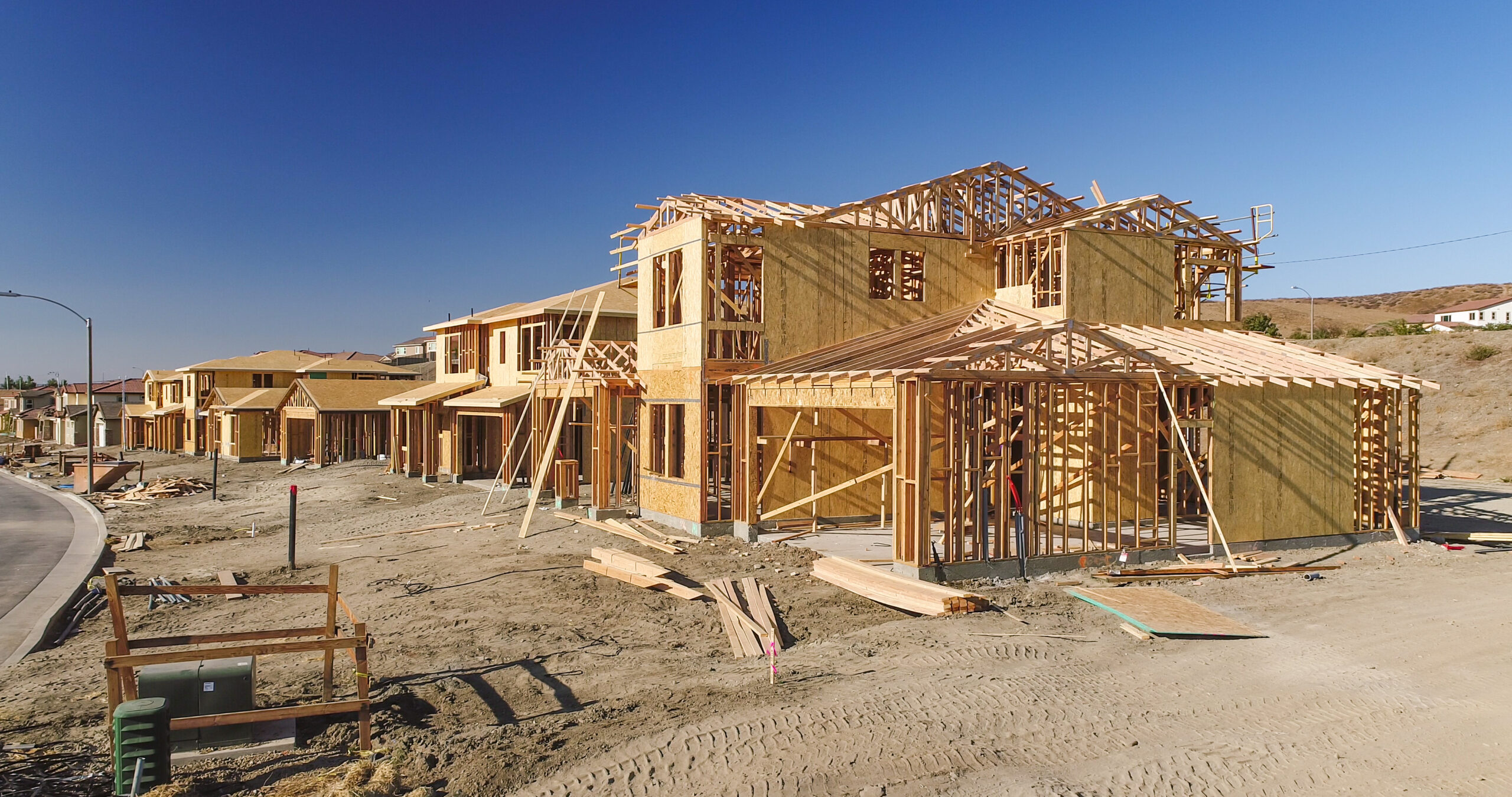 New Homes Framing Being Built Construction Site.